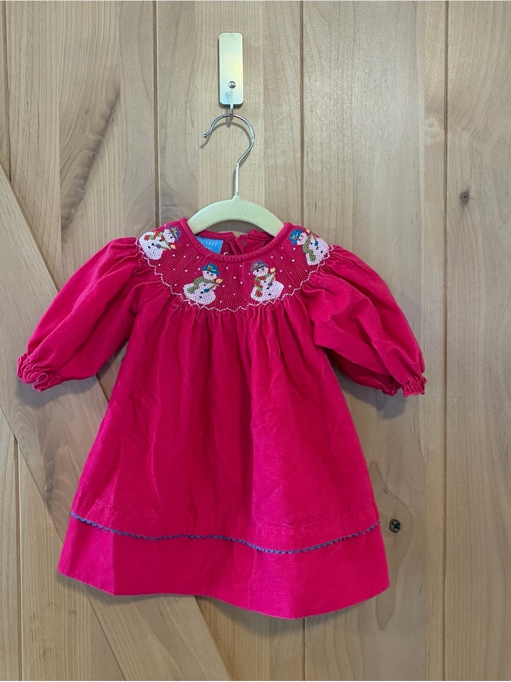 Anavini Smocked Dress Girls 6M Pink Christmas Corduroy Snowman Winter